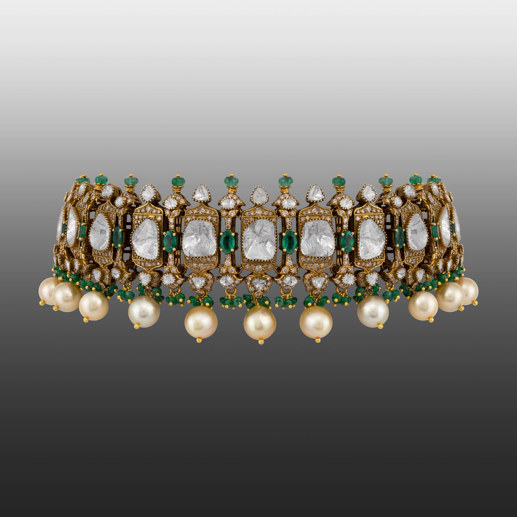 Antique Polki Choker with Emerald and Pearl Fringe